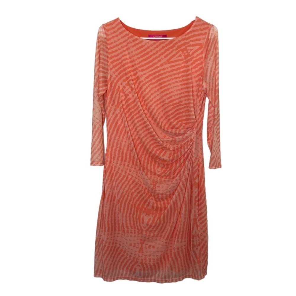 Catherine Malandrino Zebra Print Orange Coral Color Long Sleeve Mesh Dress Large